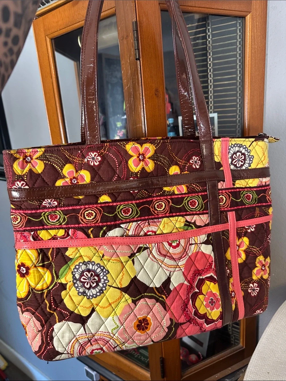 Vera Bradley Buttercup Quilted Floral Tote in Brown, Pink & Yellow